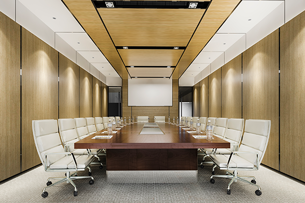Acoustic treatment panels reducing reverberation in a modern conference room