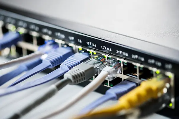 AV over IP network diagram with switches and VLANs