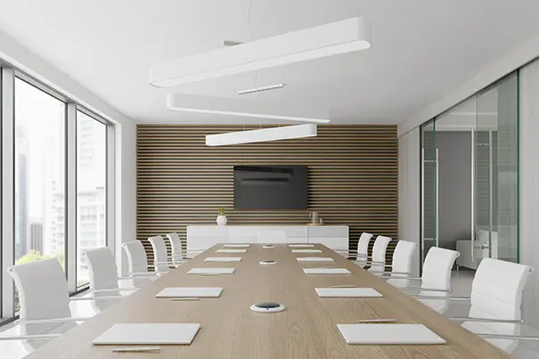Ceiling microphone array and loudspeakers in a large conference room
