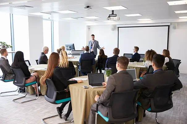 Flexible corporate room set up for meetings with dual displays