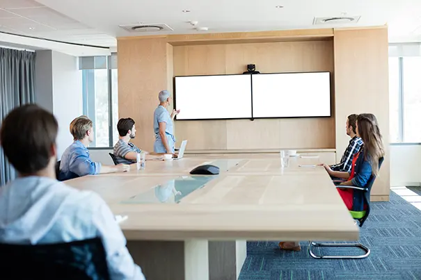 Modern enterprise board room with Microsoft Teams Rooms setup