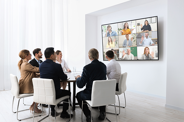 Modern collaboration room with integrated video, audio and display technology